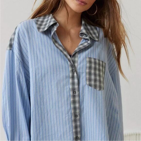 Urban Outfitters out from under blue striped Plaid Shirt - Picture 2 of 8